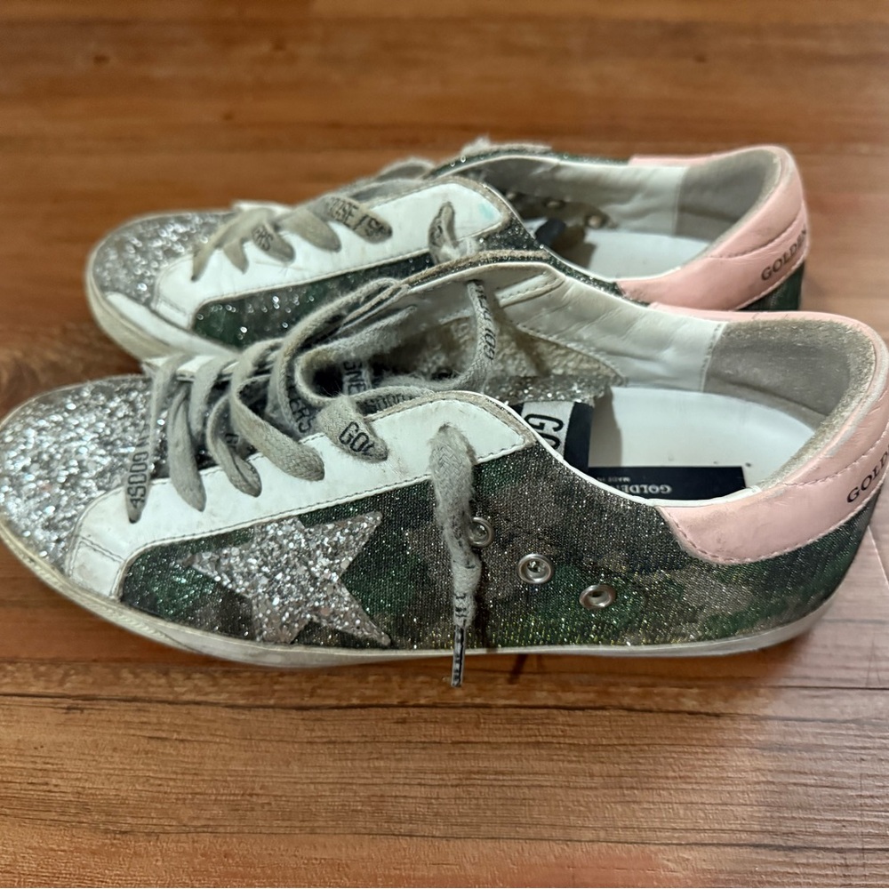 Golden Goose Green and Pink Star Sneakers